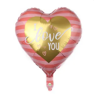 Pink striped heart foil balloon with golden I Love You print for wedding and party decor