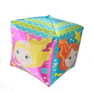 Blue 4D cube foil balloon featuring cartoon mermaid prints for birthday party decor