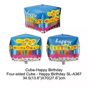 Blue cube foil balloon with Happy Birthday candles print for party decoration wall