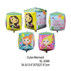Five-piece blue mermaid theme cube foil balloons with Happy Birthday message for party decor