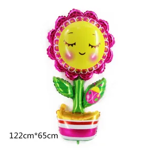 Large smiling sunflower foil balloon with flowerpot base for birthday party decor