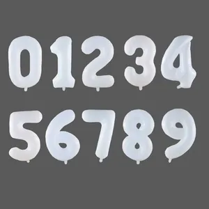 Macro view of cream white 0-9 number foil balloons with a smooth matte texture