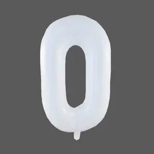 Detailed view of large white matte number 0 foil balloon for birthday party decorations
