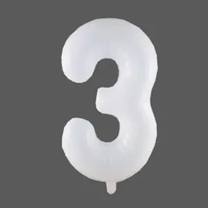 Detailed view of white number 3 foil balloon with visible inflation valve on grey background