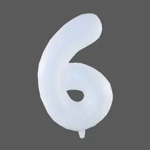 Detailed view of number 6 white foil balloon with bottom valve for party decoration