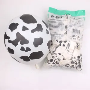 Close-up of 12-inch cow print latex balloon and its retail packaging for party decor