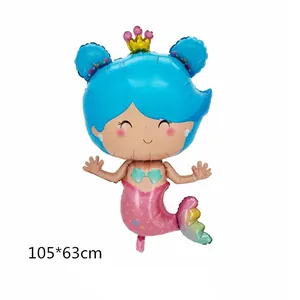 Mermaid foil balloon with blue hair and rainbow tail for girl's birthday party decoration