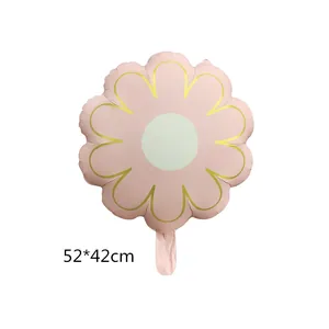 Pink daisy flower foil balloon with gold edges and white center for party decoration 52x42cm