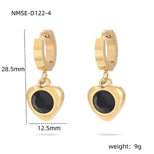 Pendientes de corazón dorado con gema negra, longitud 28,5 mm, joyas chapadas en oro 18K