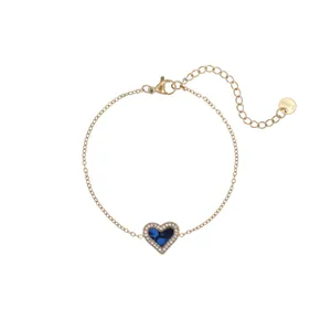 Bracelet coeur minimaliste en acier doré avec pierre bleue et cristaux