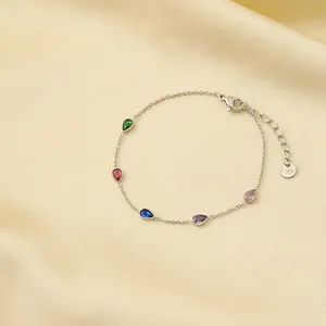 Mode Kleurrijke Zirconia Waterdruppel Armband Voor Vrouwen 18K Verguld Roestvrij Staal Water Drop Charm Schakelarmband Sieraden