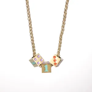Hip hop lucky number 1 dice pendant necklace in gold stainless steel for men and women