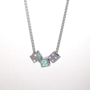 Unisex titanium steel chain necklace featuring triple dice pendants with green number 2