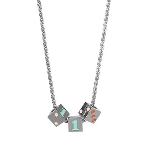 Lucky number 1 dice cube titanium steel necklace with colorful enamel dots for men and women