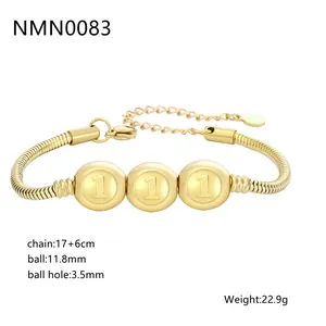 Bracelet chaîne serpent en acier inoxydable doré avec perles numérotées et fermoir