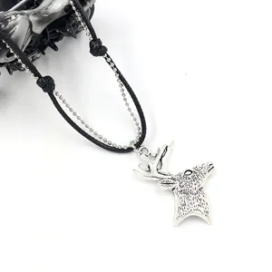Collana con ciondolo testa di cervo retrò con cordino nero doppio e catena a sfere
