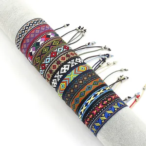 Ethnic bohemian woven bracelets with geometric jacquard patterns and adjustable drawstrings