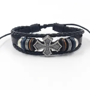 Men's retro punk layered leather bracelet with metal cross pendant and adjustable braided cord