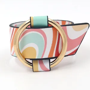 Women's PU leather bracelet with colorful wave pattern and gold metal ring buckle