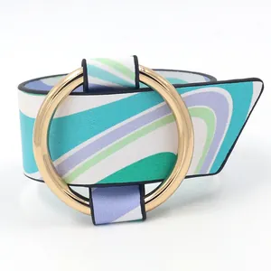 Adjustable wide PU leather cuff bracelet with colorful wave pattern and gold metal ring