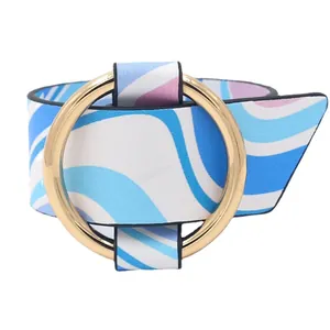 Adjustable PU leather bracelet with wavy pattern and large golden circular metal ring