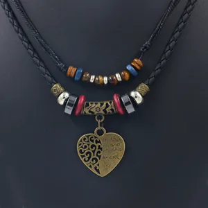 Collier Ethnique Bohème Multicouche Pendentif Cœur Alliage Lettres Mother And Daughter Forever Perles Bois Cordon Tissé Femme