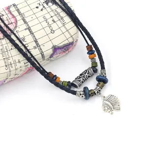 Tribal multilayered beaded necklace with Indian chief pendant and braided cord
