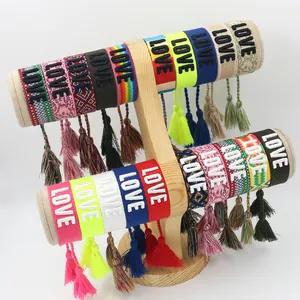 Handmade bohemian LOVE embroidered woven friendship bracelets with colorful tassels