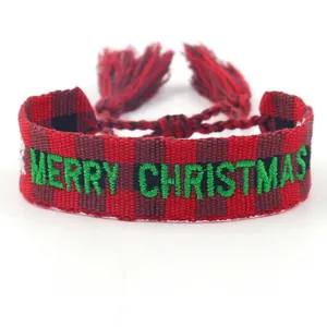 Adjustable red and black checkered Merry Christmas embroidered woven tassel bracelet