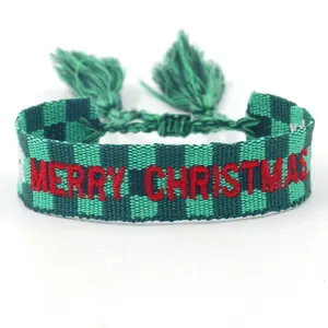 Adjustable Merry Christmas embroidered woven tassel bracelet with green plaid pattern