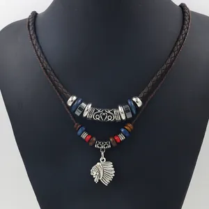 Men's double-layered tribal necklace with leather cord and Indian chief pendant