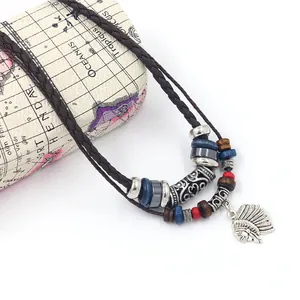 Tribal multilayer leather necklace with beads and Indian chief head pendant