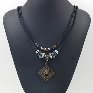 Double-layered beaded necklace for men with retro rose pendant on black woven cord
