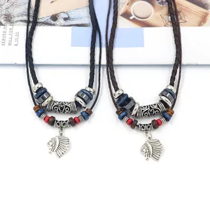 Tribal multilayer woven cord necklace featuring a detailed Indian chief head pendant and beads