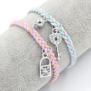 Magnetic Braided Cord Friendship Bracelet Set With Alloy Rhinestone Lock Key Heart Butterfly Star Charm For Couples Women