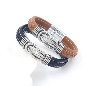 Men's infinity knot leather bracelets with magnetic clasp in black and brown finishes