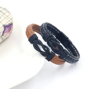 Men's braided leather bracelet set with magnetic clasp and infinity knot charm