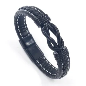 Minimalist black braided leather bracelet for men featuring magnetic clasp and steel rings