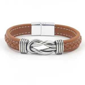 Brown braided leather bracelet for men with silver metal knot and magnetic clasp