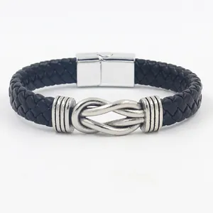 Minimalistisches geflochtenes Lederarmband mit silbernem Unendlichkeitssymbol und Magnetverschluss