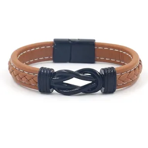 Brown braided leather men's bracelet with black infinity knot and magnetic clasp