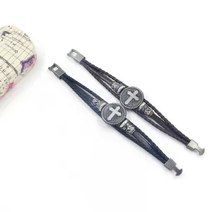 Vintage punk braided cowhide leather bracelets with retro alloy cross charm and metal clasp