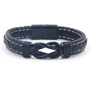 Men's black braided leather bracelet with black metal infinity symbol and magnetic clasp