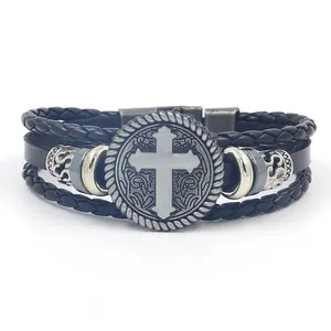 Retro punk black leather multi-layer bracelet with vintage cross medallion and metal beads