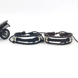 Handmade braided leather bracelet set with metal guitar charm for music lovers
