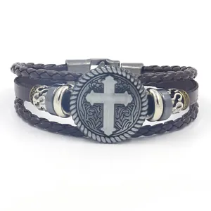 Retro punk multi-layer braided leather bracelet featuring a vintage cross metal charm
