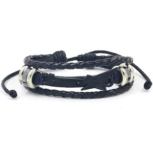 Handmade Woven Multi-layer Leather Bracelet Alloy Guitar Note Anchor Wing Charm Adjustable Music Jewelry For Men Women