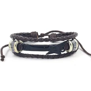 Handmade multilayer brown leather bracelet with black electric guitar charm for musicians