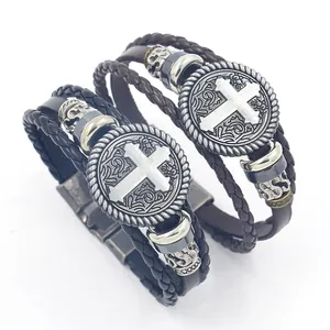 Vintage Punk Multi-Layer Braided Leather Cross Bracelet For Men Women Alloy Cross Medallion Religious Jewelry Wristband Gift