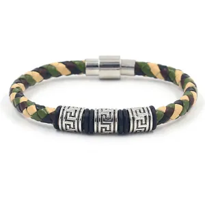 Herren-Lederarmband geflochten mit silbernen griechischen Mustern und Magnetverschluss